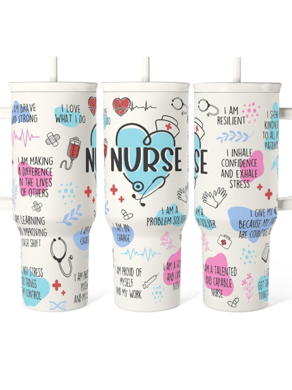NWT Nurse Themed Travel Tumbler Cup w/ Straws, Straw Cleaner, And Silicone Boot